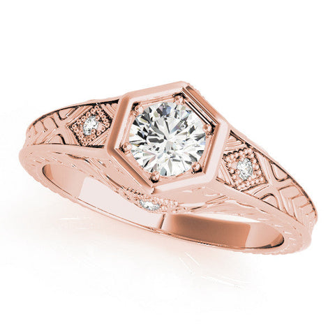 Rose gold Hexagonal Bezel Pear Diamond Engraved Band Prong Ring