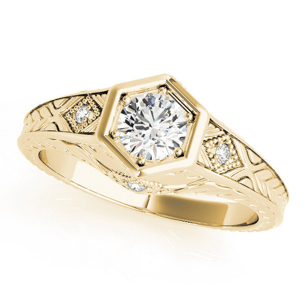Yellow gold Hexagonal Bezel Pear Diamond Engraved Band Prong Ring