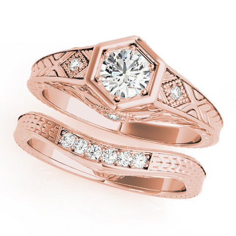 Rose gold Hexagonal Bezel Round Diamond Engraved Band Prong Ring
