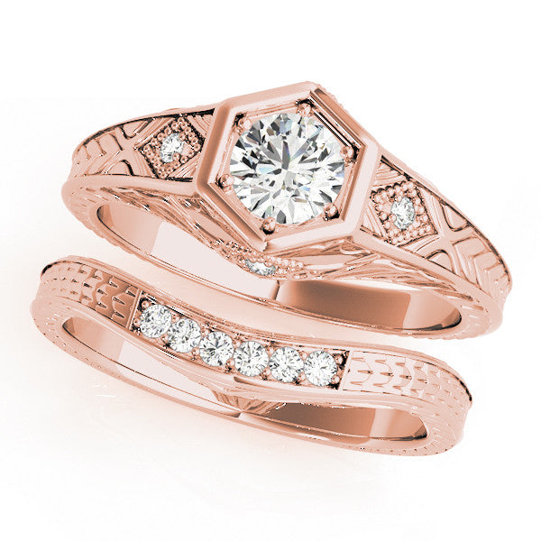 Rose gold Hexagonal Bezel Princess Diamond Engraved Band Prong Ring