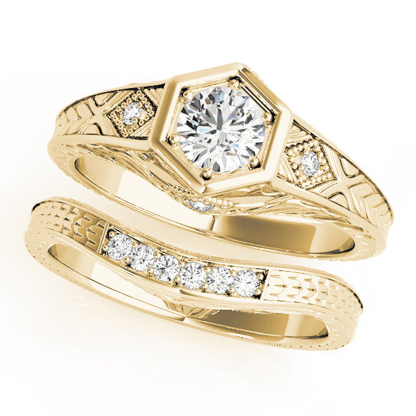 Yellow gold Hexagonal Bezel Oval Diamond Engraved Band Prong Ring