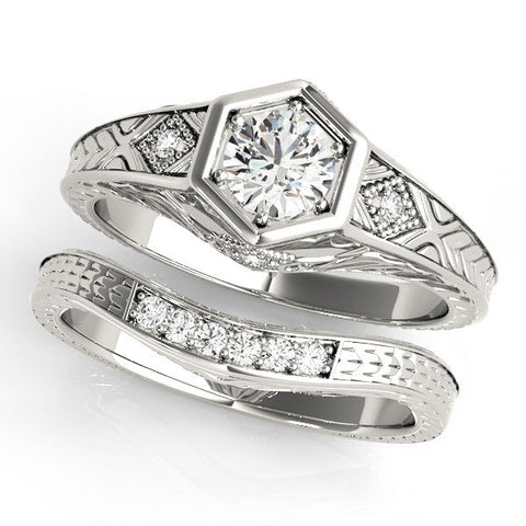 Silver Hexagonal Bezel Round Diamond Engraved Band Prong Ring