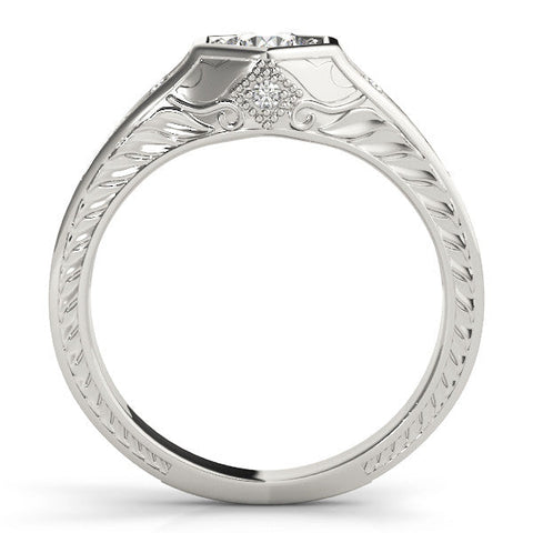 Silver Hexagonal Bezel Round Diamond Engraved Band Prong Ring