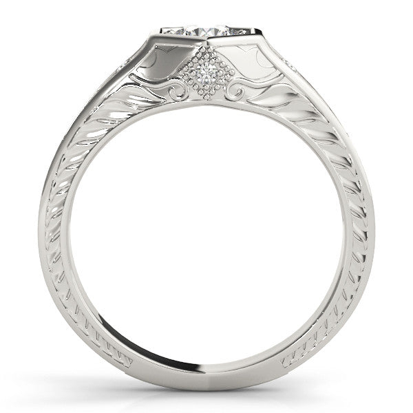 White gold Hexagonal Bezel Radiant Diamond Engraved Band Prong Ring