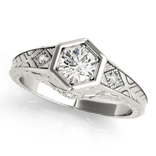 White gold Hexagonal Bezel Oval Diamond Engraved Band Prong Ring