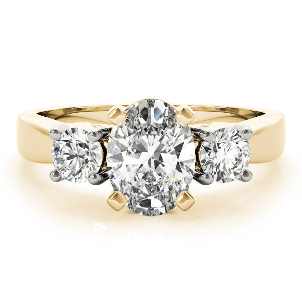 Yellow gold Three-Stone Oval Diamond Ring with Round Side Stones, Classic Band, and Four-Prong Setting