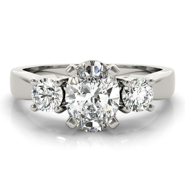 White gold Three-Stone Oval Diamond Ring with Round Side Stones, Classic Band, and Four-Prong Setting