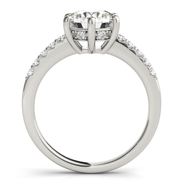 Silver Round Solitaire Diamond Engagement Ring with Pavé Band and Six-Prong Setting