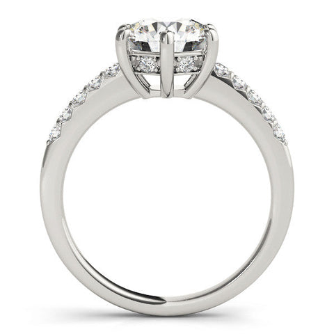 Silver Round Solitaire Diamond Engagement Ring with Pavé Band and Six-Prong Setting