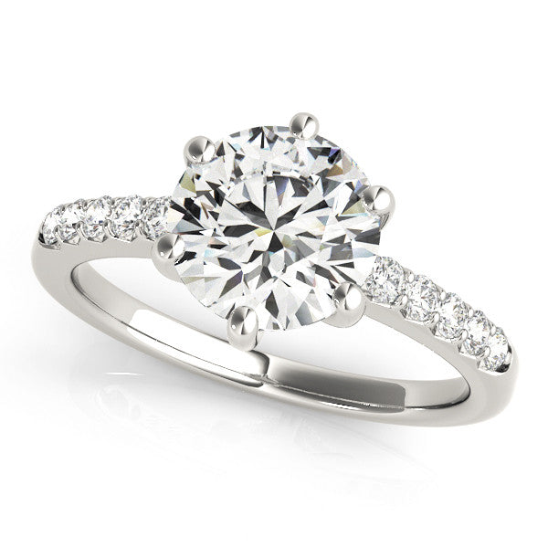 Silver Round Solitaire Diamond Engagement Ring with Pavé Band and Six-Prong Setting