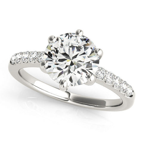 Silver Round Solitaire Diamond Engagement Ring with Pavé Band and Six-Prong Setting