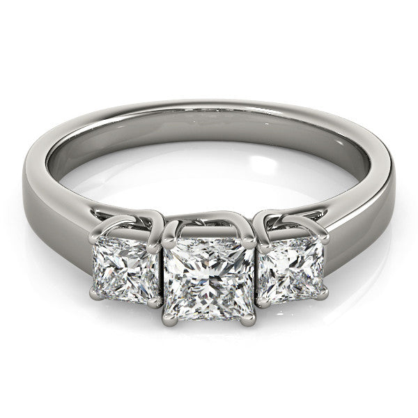 Platinum Three-Stone Princess Cut Diamond Engagement Ring with Channel Set Band and Four-Prong Setting