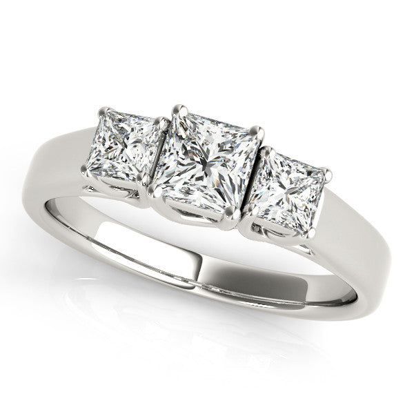 Silver Three-Stone Princess Cut Diamond Engagement Ring with Channel Set Band and Four-Prong Setting