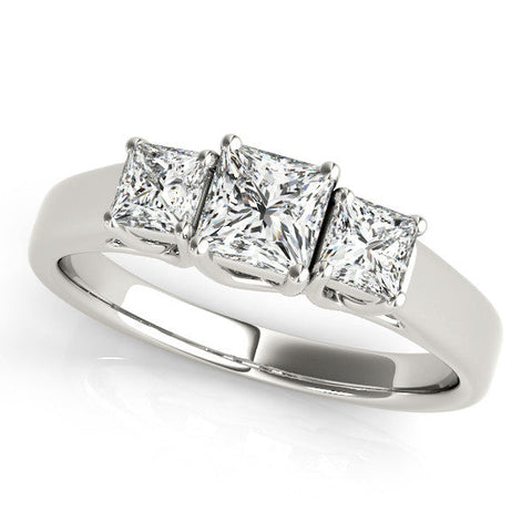 Silver Three-Stone Princess Cut Diamond Engagement Ring with Channel Set Band and Four-Prong Setting