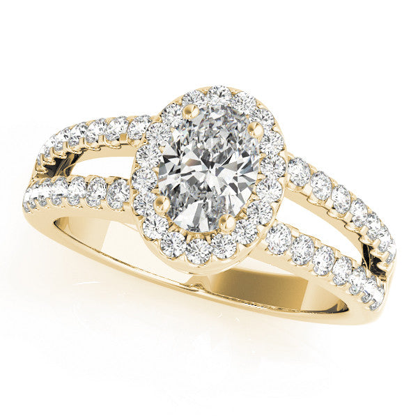 Yellow gold Oval Halo Split Shank Diamond Ring with Prong Setting