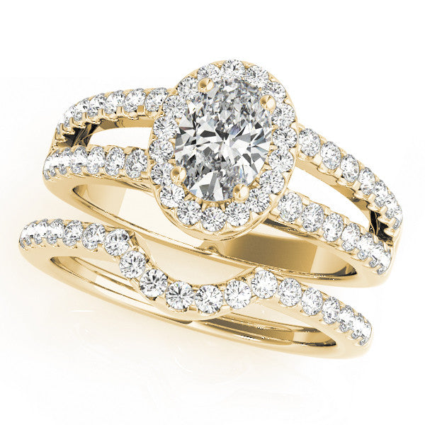 Yellow gold Oval Halo Split Shank Diamond Ring with Prong Setting