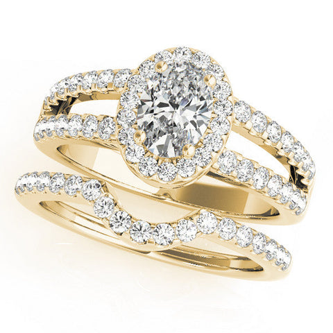 Yellow gold Oval Halo Split Shank Diamond Ring with Prong Setting
