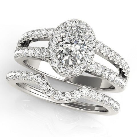 White gold Oval Halo Split Shank Diamond Ring with Prong Setting