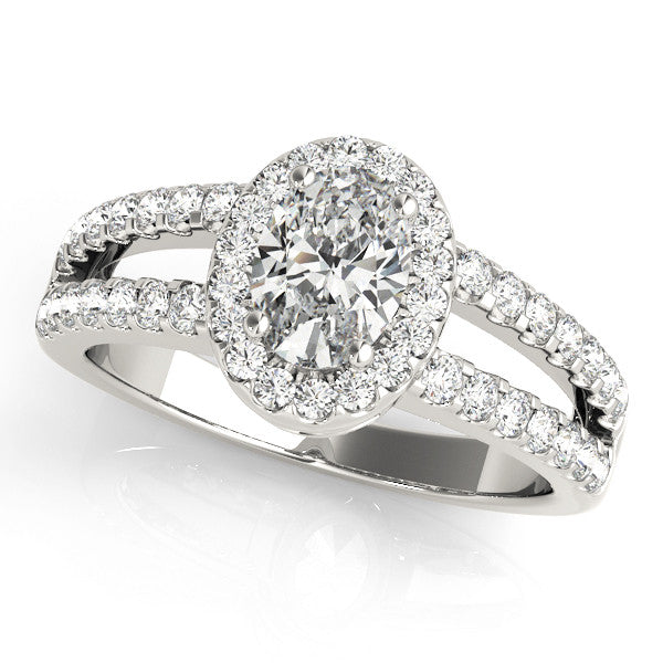 Platinum Oval Halo Split Shank Diamond Ring with Prong Setting