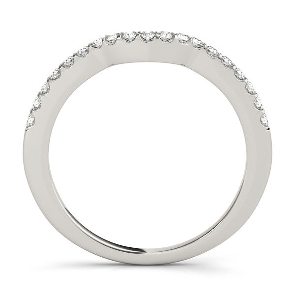 Silver Curved Pave Round Diamond Wedding Band with Shared Prong Setting