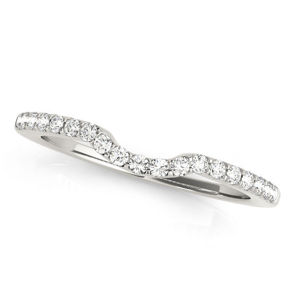 Silver Curved Pave Round Diamond Wedding Band with Shared Prong Setting