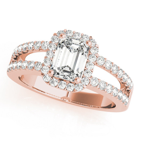 Rose gold Radiant Cut Halo Split Shank Diamond Ring with Four-Prong Setting
