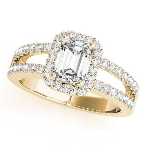 Yellow gold Emerald Cut Halo Split Shank Diamond Ring with Four-Prong Setting