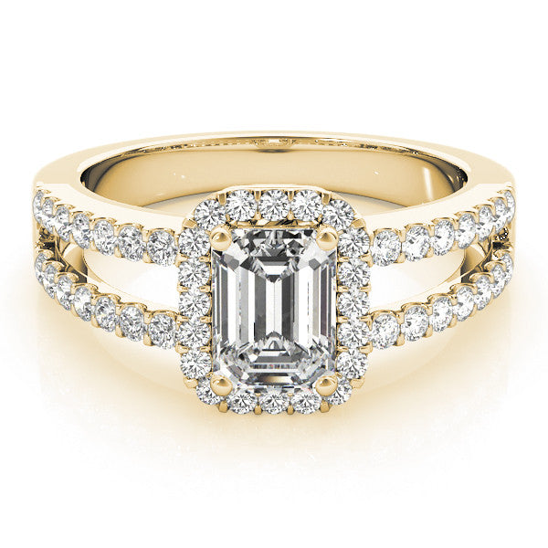 Yellow gold Radiant Cut Halo Split Shank Diamond Ring with Four-Prong Setting