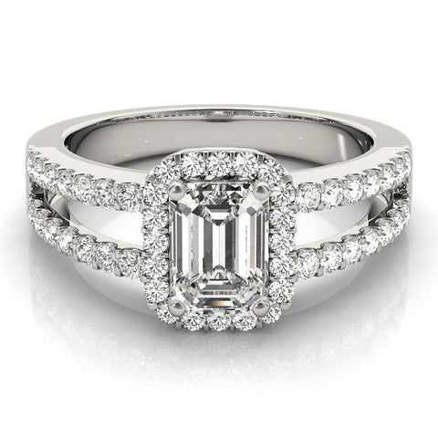 White gold Emerald Cut Halo Split Shank Diamond Ring with Four-Prong Setting