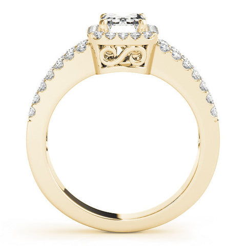 Yellow gold Radiant Cut Halo Split Shank Diamond Ring with Four-Prong Setting