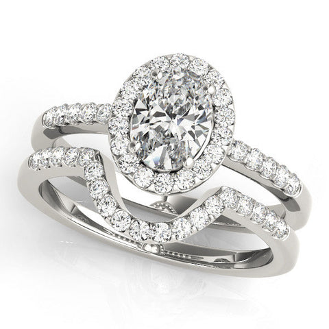 White gold Oval Halo Diamond Engagement Ring with Pavé Band and Four-Prong Setting