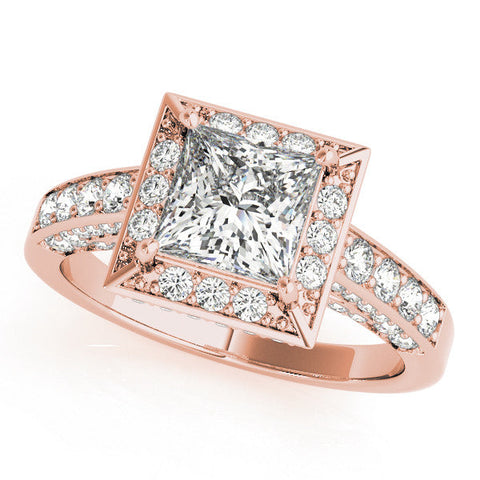 Rose gold Princess Cut Halo Split Shank Engagement Ring with Four-Prong Setting