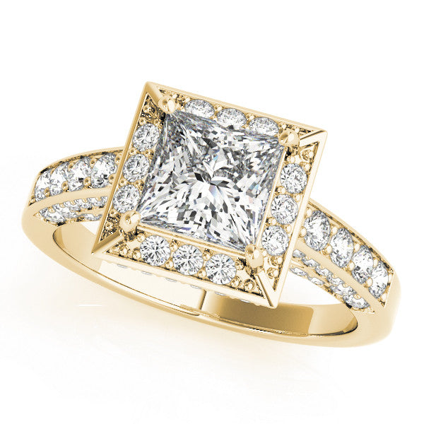 Yellow gold Princess Cut Halo Split Shank Engagement Ring with Four-Prong Setting