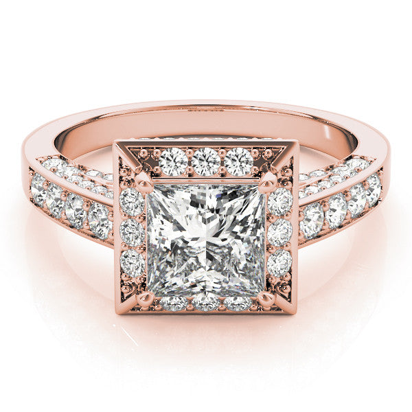 Rose gold Princess Cut Halo Split Shank Engagement Ring with Four-Prong Setting