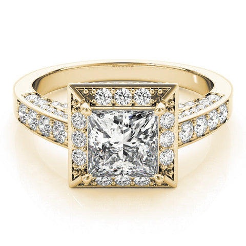 Yellow gold Princess Cut Halo Split Shank Engagement Ring with Four-Prong Setting