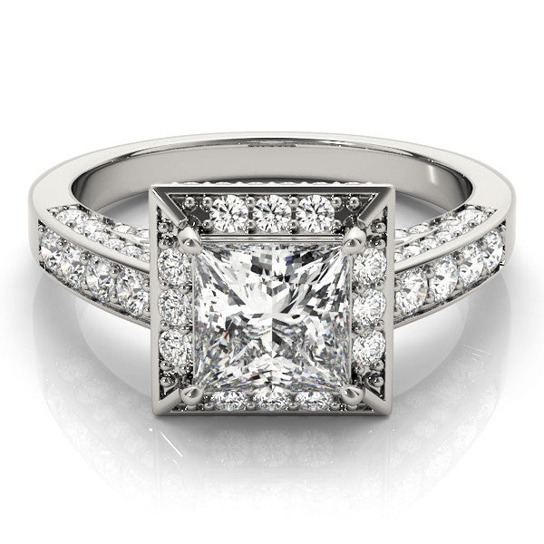 White gold Princess Cut Halo Split Shank Engagement Ring with Four-Prong Setting