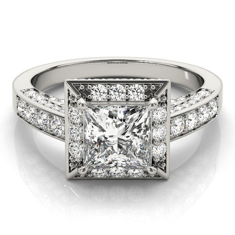White gold Princess Cut Halo Split Shank Engagement Ring with Four-Prong Setting