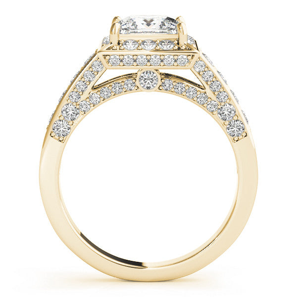 Yellow gold Princess Cut Halo Split Shank Engagement Ring with Four-Prong Setting