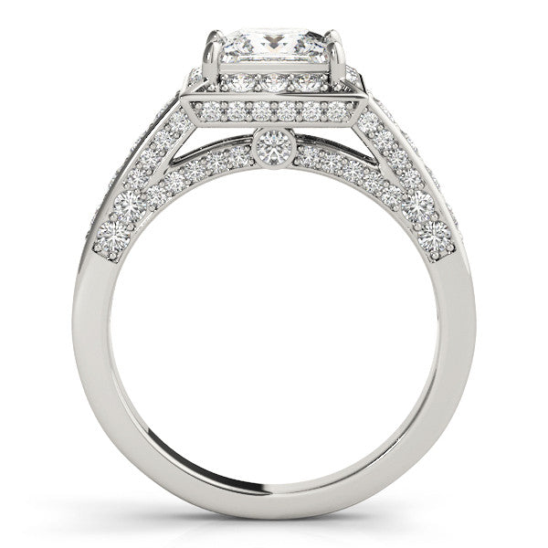 White gold Princess Cut Halo Split Shank Engagement Ring with Four-Prong Setting