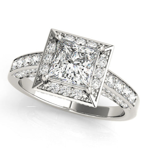 Silver Princess Cut Halo Split Shank Engagement Ring with Four-Prong Setting