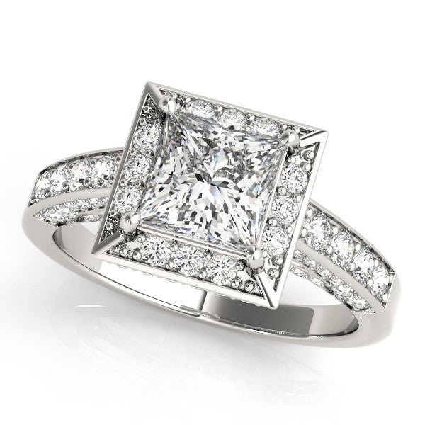 White gold Princess Cut Halo Split Shank Engagement Ring with Four-Prong Setting