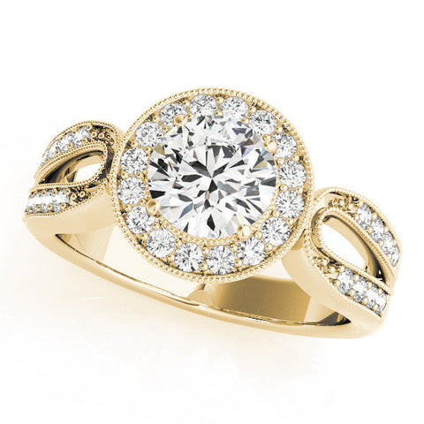 Yellow gold Emerald Halo Split Shank Milgrain Diamond Ring