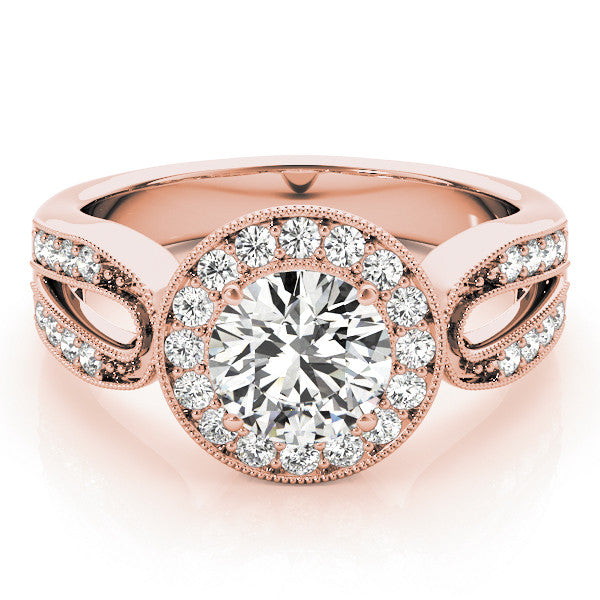 Rose gold Emerald Halo Split Shank Milgrain Diamond Ring
