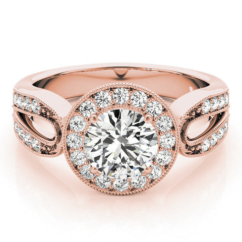 Rose gold Emerald Halo Split Shank Milgrain Diamond Ring