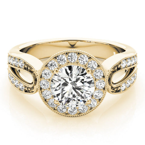 Yellow gold Emerald Halo Split Shank Milgrain Diamond Ring