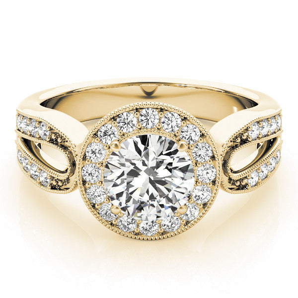 Yellow gold Round Halo Split Shank Milgrain Diamond Ring