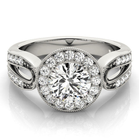 White gold Round Halo Split Shank Milgrain Diamond Ring