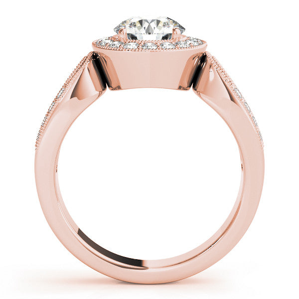 Rose gold Emerald Halo Split Shank Milgrain Diamond Ring