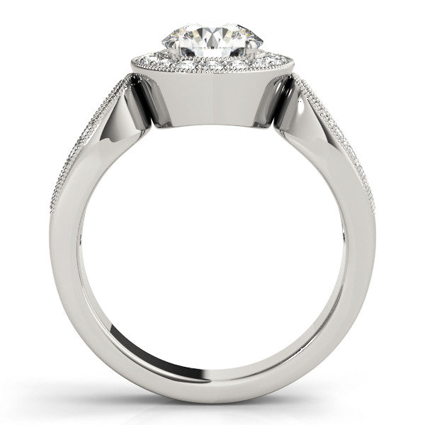 White gold Round Halo Split Shank Milgrain Diamond Ring