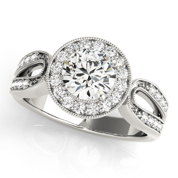 White gold Emerald Halo Split Shank Milgrain Diamond Ring